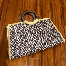 Woven Straw Tote Bag Purple Tan Wood Circle Handle Chic Boho Beach Summer Purse