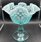Vintage Fenton Glass Aqua/Blue French Opalescent Hobnail Pedestal Compote