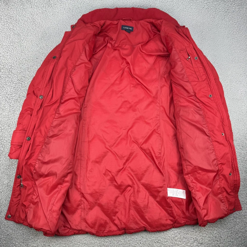 Lands End Coat Womens Medium Red Down Puffer Quilted Faux Fur Hood Winter Jacket - Image 4 of 4