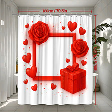 Red Floral Shower Curtain with Roses and Hearts for Kids Bathroom