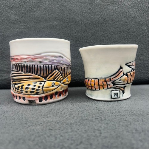 Handcrafted Ceramic Pottery Cups Set of 2 Fish Theme Art Studio Pottery Vintage