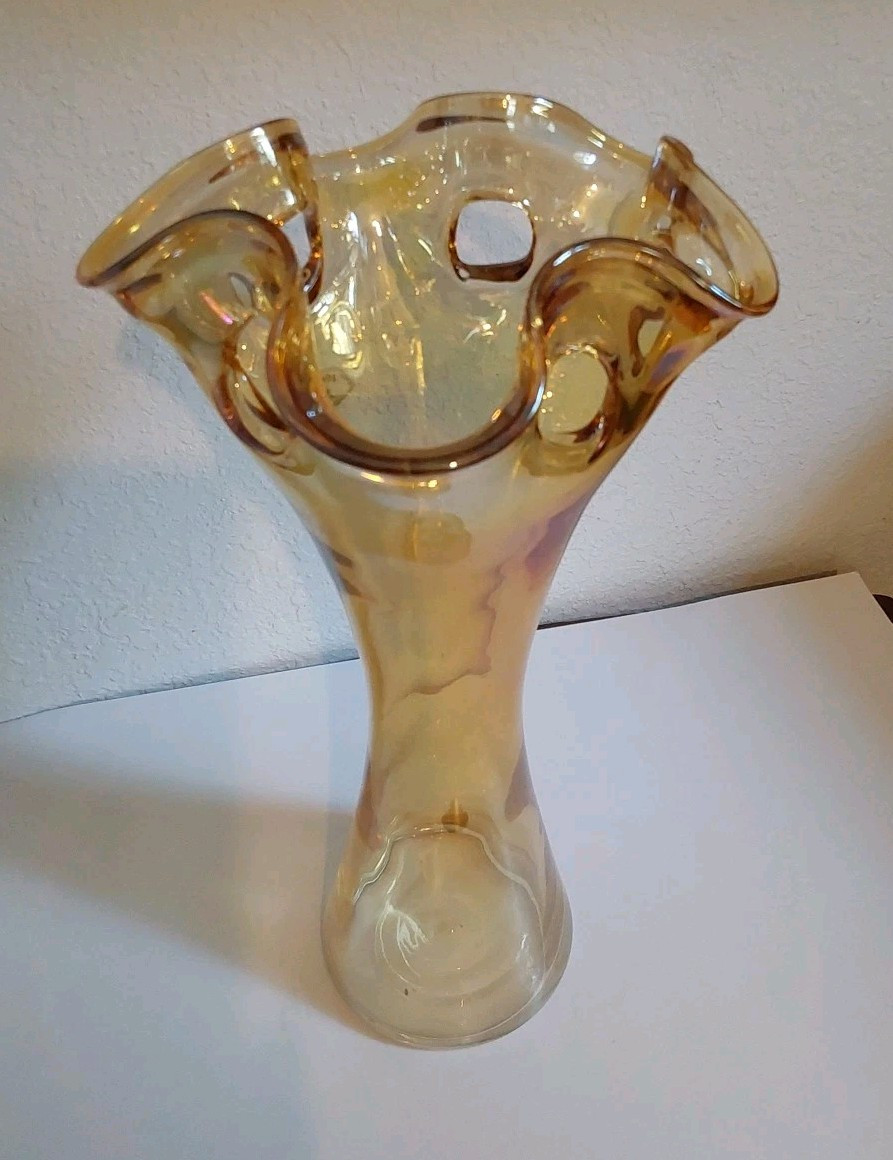 Zorza Poland Ruffled Art Glass Vase w/Tag-Amber w/Irredescence 14" Tall X 7.25 