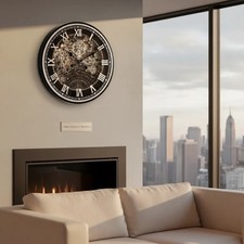 Gear Clock  Silver Grey 60cm Moving Gears Roman Numerals Wall Clock Living Room