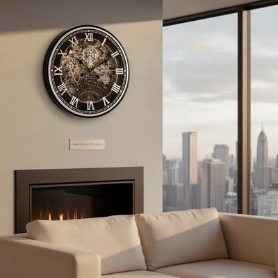 Zahnraduhr silbergrau 60cm bewegliche Zahnräder römische Ziffern Wanduhr Wohnzimmer