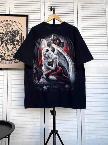 Vintage Spiral Gothic Angel Tee Shirt Black Grunge Cross Men’s Size XL - Picture 9 of 11