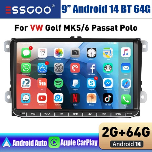 9" IPS Android 14 Car Stereo 64GB GPS Navigation CarPlay For Volkswagen VW Seat
