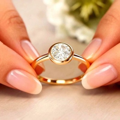2Ct Round Cut Simulated Diamond Bezel Set Wedding Ring In 14K Yellow Gold Plated