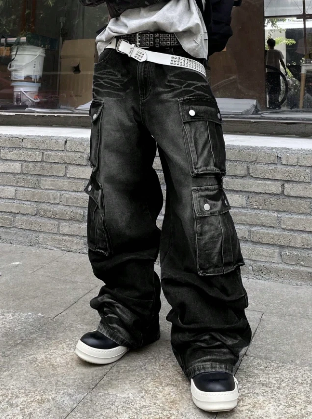 Black Cargo Jeans – Baggy Wide Leg Denim Pants | Streetwear Utility Pockets Y2K - Image 4 of 4