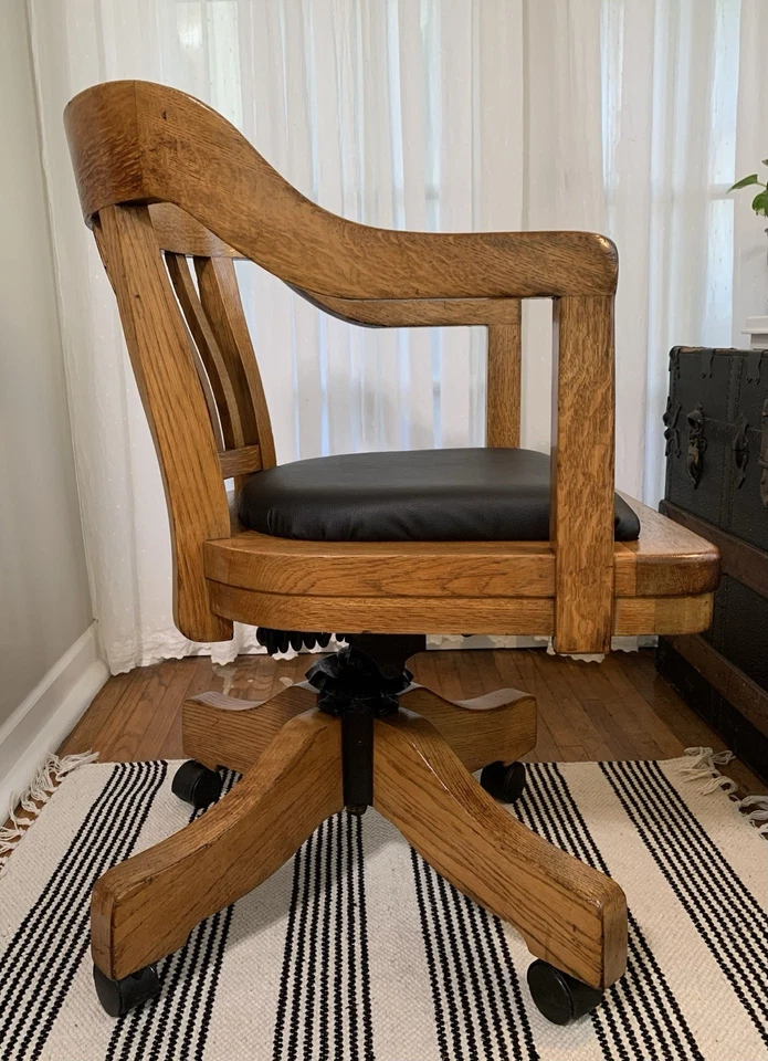 vintage TIGER OAK swivel tilt adjustable rolling banker/lawyer/office ARMCHAIR - Image 3 of 4
