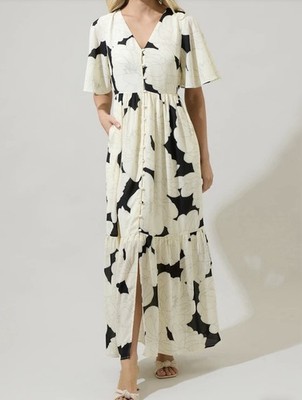 Sugar Lips Quinsy Floral Pismo Button Down Flutter Maxi Dress Ivory Black Size L