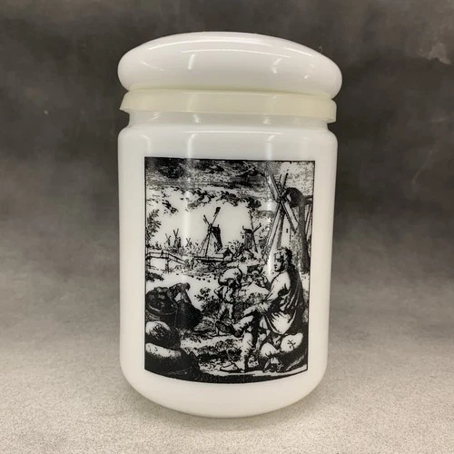 Vtg Milk Glass Jar Tobacco Canister Humidor Dutch Miller Scene 1950s Cerveparma