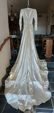 Vintage 1940s Candlelight Heavy Silk Satin Wedding Dress Cathedral Train XS/S
