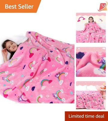 Pink Rainbow Unicorn Toddler Blanket Plush Kids Gift 50x60 Inches Warm Cozy