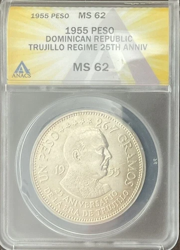 DOMINICAN REPUBLIC 1955 SILVER PESO, 25 YEARS TRUJILLO REGIME, NGC MS-62 RARE