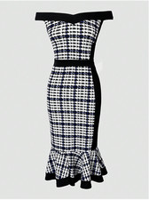 Houndstooth Print Off Shoulder Bodycon Dress Ruffle Hem Vintage Slim Fit Dress