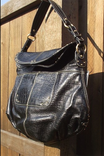 MAXX NY BLACK CROCODILE EMBOSSED GENUINE LEATHER GOLD STUD HANDBAG 16X13 NEW - Picture 2 of 7