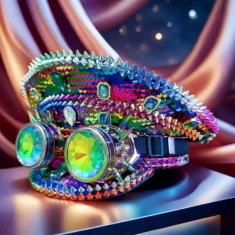 Многоцветный стимпанк капитан шляпа со стразами очки маскарад военная кепка - Изображение 2 из 4