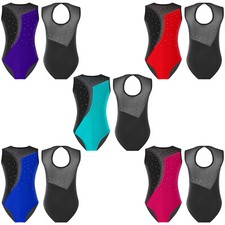 Kids Girls Leotards Rhinestone Bodysuit Contrast Color Jumpsuit Ballet Leotard