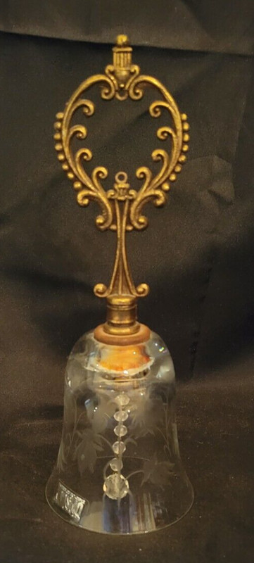 VTG. Krosno Crystal Bell w/ Tall Ornate Metal Handle - Poland