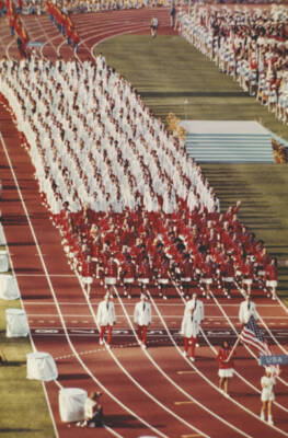 The United States Olympic team marching behind the national flag 1970s OLD PHOTO