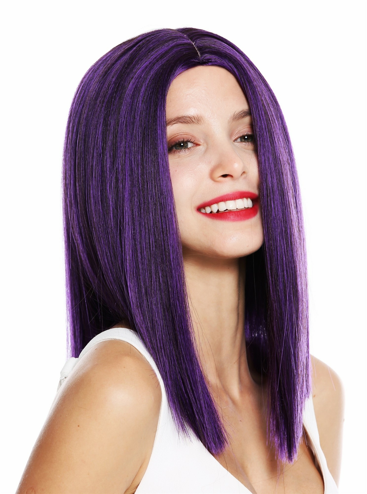 Wig Women Shoulder-Length Straight Blunt Cut Center Parting Purple Brown