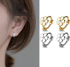 925 Sterling Silver Enamel Daisy Flower Tiny Small Hoop Huggie Earrings PE40
