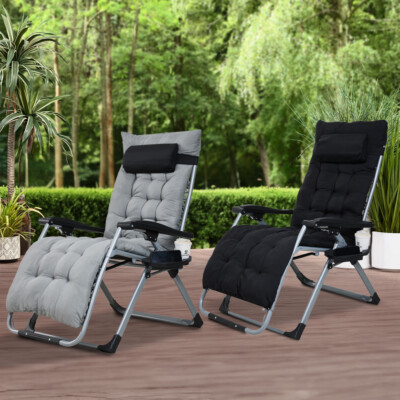 Adjustable Garden Sun Lounger Zero Gravity Deck Chair Folding Recliner  Cushion UK