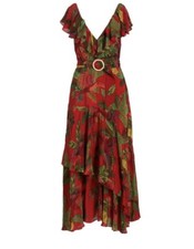 FARM RIO Anthropologie Red Forest Birds Belted Flutter Midi Dress XS NWT $265