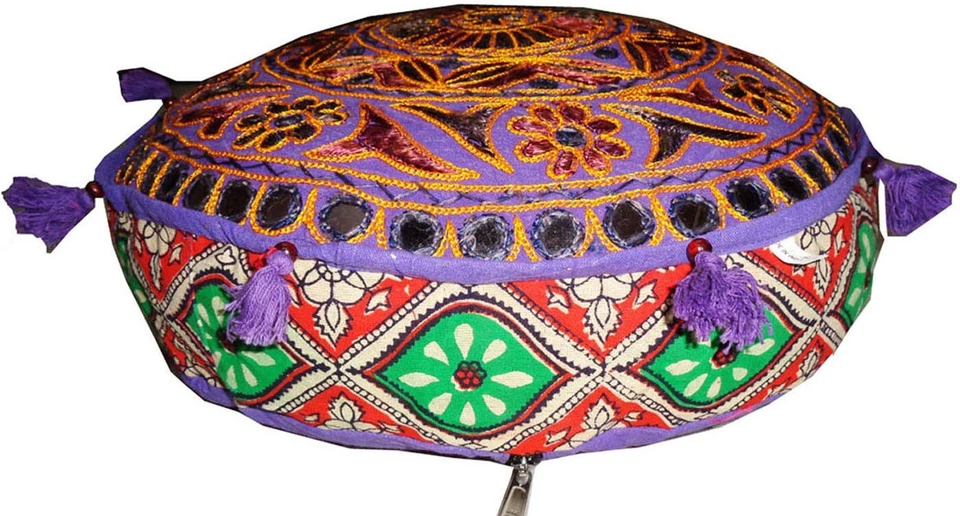 Bohemian Floor Round ottoman pillow seat cover mirror embroider multicolored 18" - Image 2 of 4
