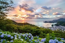 Landscape japan sunset cityscape sea flowers hills trees Custom Gaming Mat Desk