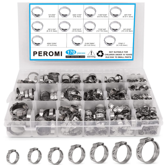170PCS Single Ear Hose Clamp Kit – 11 Sizes 1/4"–1", 304 Stainless Steel