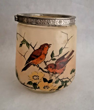 Superbe ancien pot à biscuits en verre émaillé  cerclage métal à décor d'oiseaux