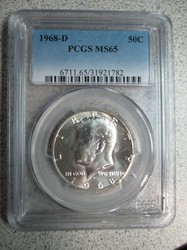 1968-D KENNEDY HALF DOLLAR - PCGS  MS65 - MINT STATE CERTIFIED GRADED COIN MS 65