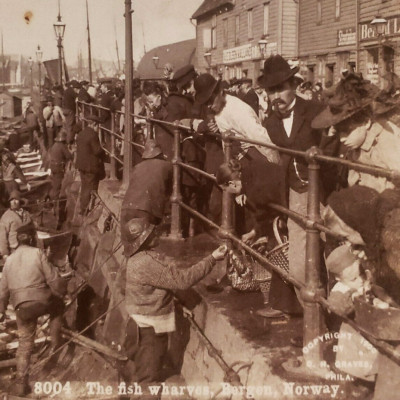 Bryggen Hanseatic Wharf Market Stereoview c1900 Fish Bergen Norway Street D953