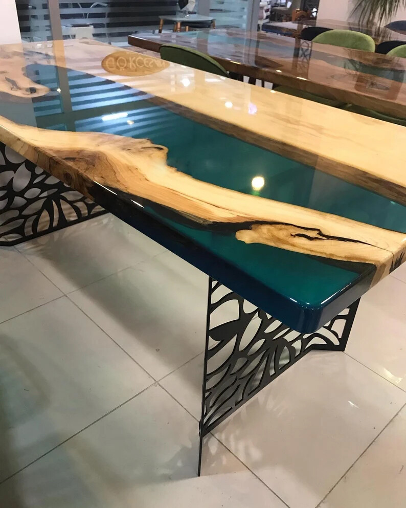Green Resin River Dining Epoxy Table Handmade Wooden Indoor Outdoor Decor Arts