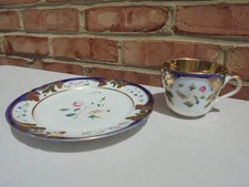 Antique Old Paris Porcelain Cup & Plate Cobalt Blue Gold HP Floral Decor