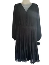 Ann Taylor Black Accordion Pleat Long Sleeve Henley Dress 12 P Sheer Sleeve
