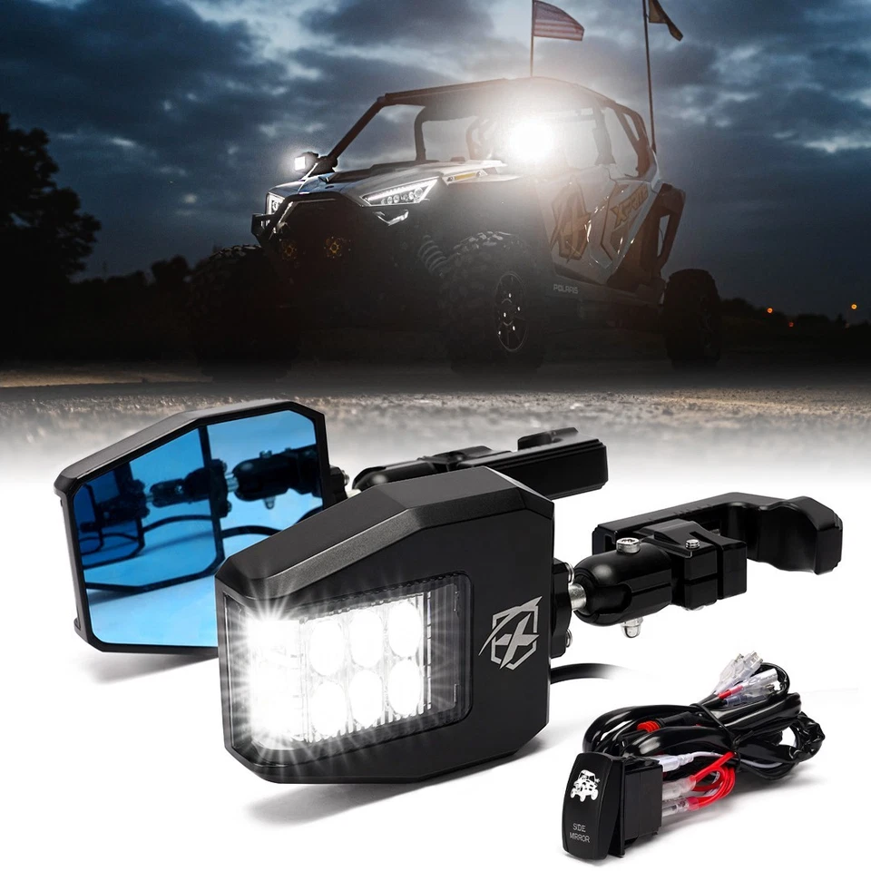 UTV Rear Side View Mirrors w/ Spot Lights for 1.75"-2" Roll Bar Cage ATV UTV RZR - Image 2 of 4