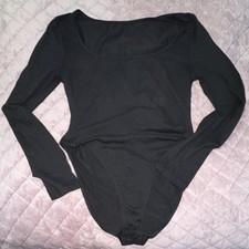 Women  s Black Solid Long Sleeve Scoop Neck Snap Crotch One Piece Bodysuit