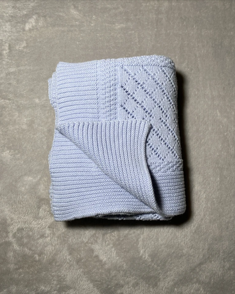 First Impressions Baby Blanket Light Blue Knitted Patchwork 100% Cotton Lovey - Image 2 of 4