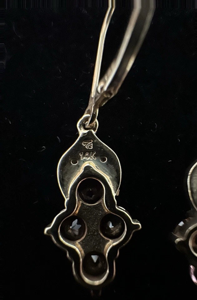 14k Gold Lever Back Earrings Dangle Pink Stones Mark Estate Jewelry 3.30 Grams - Image 3 of 4