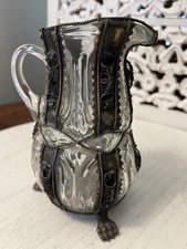 Ornate Antique Victorian Threaded Glass and Silver Overlay FOOTED Carafe Pitcher