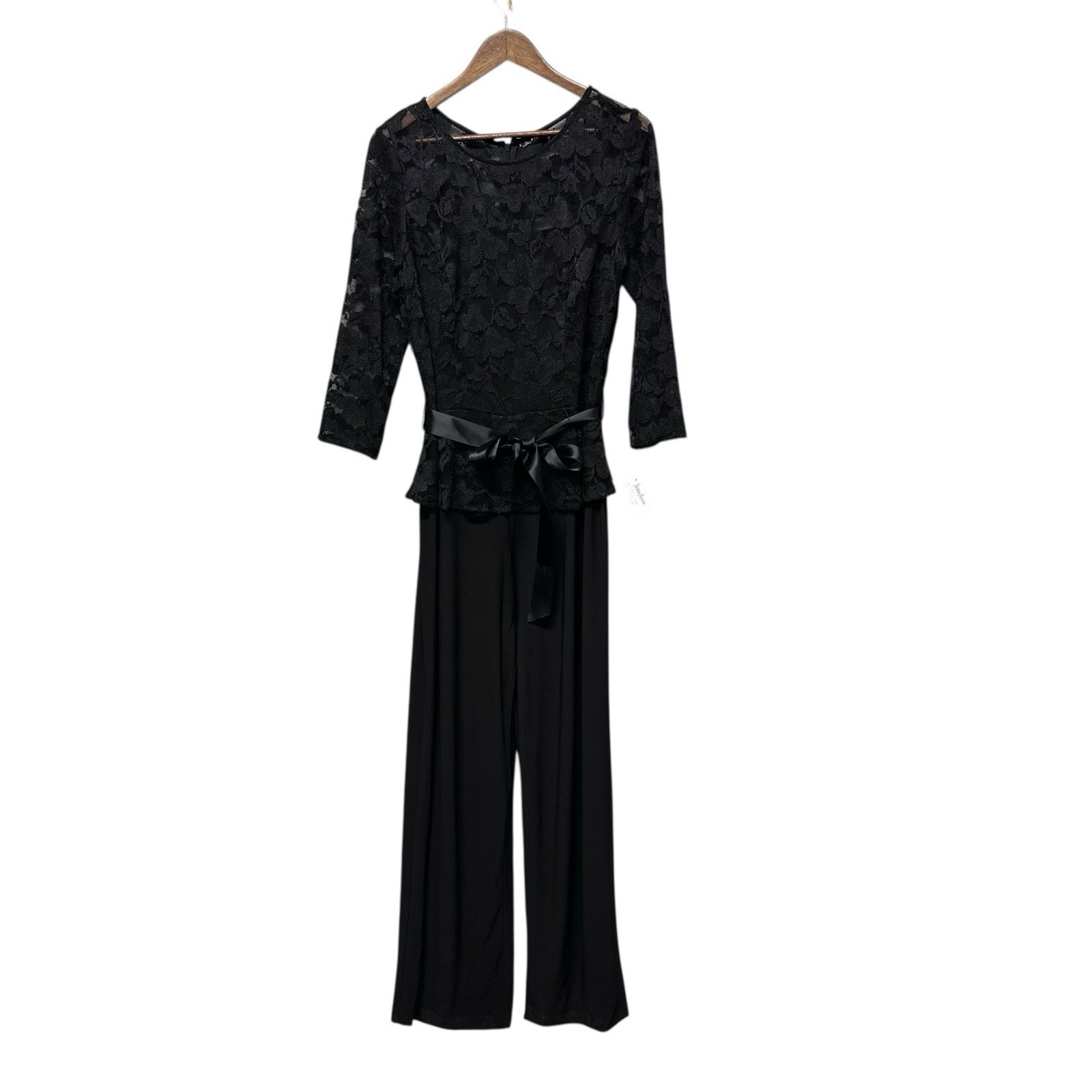 Neiman Marcus Women Black Lace Zip Up 3/4 Sleeve Jumpsuit Sz 10 Peplum Wide Leg