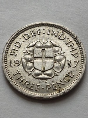 1937 King George VI Threepence Three Pence 3d 3p .500 Half Silver Coin V. Nice