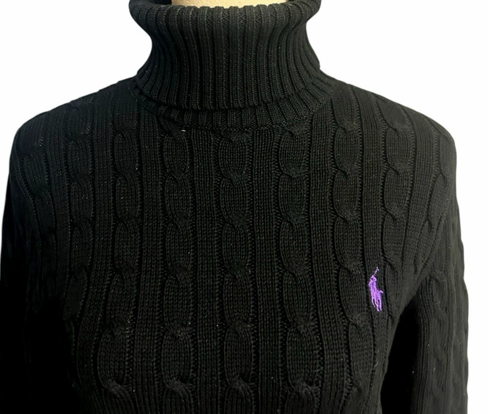 Suéter Ralph Lauren Deportivo Algodón Negro Púrpura Poni Cuello Alto Tejido con Cable Talla L Foto 2 de 4