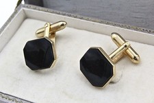 Antique Art Deco Swank Designer Signed Octagon Onyx Gold Plated Wedding Cufflink