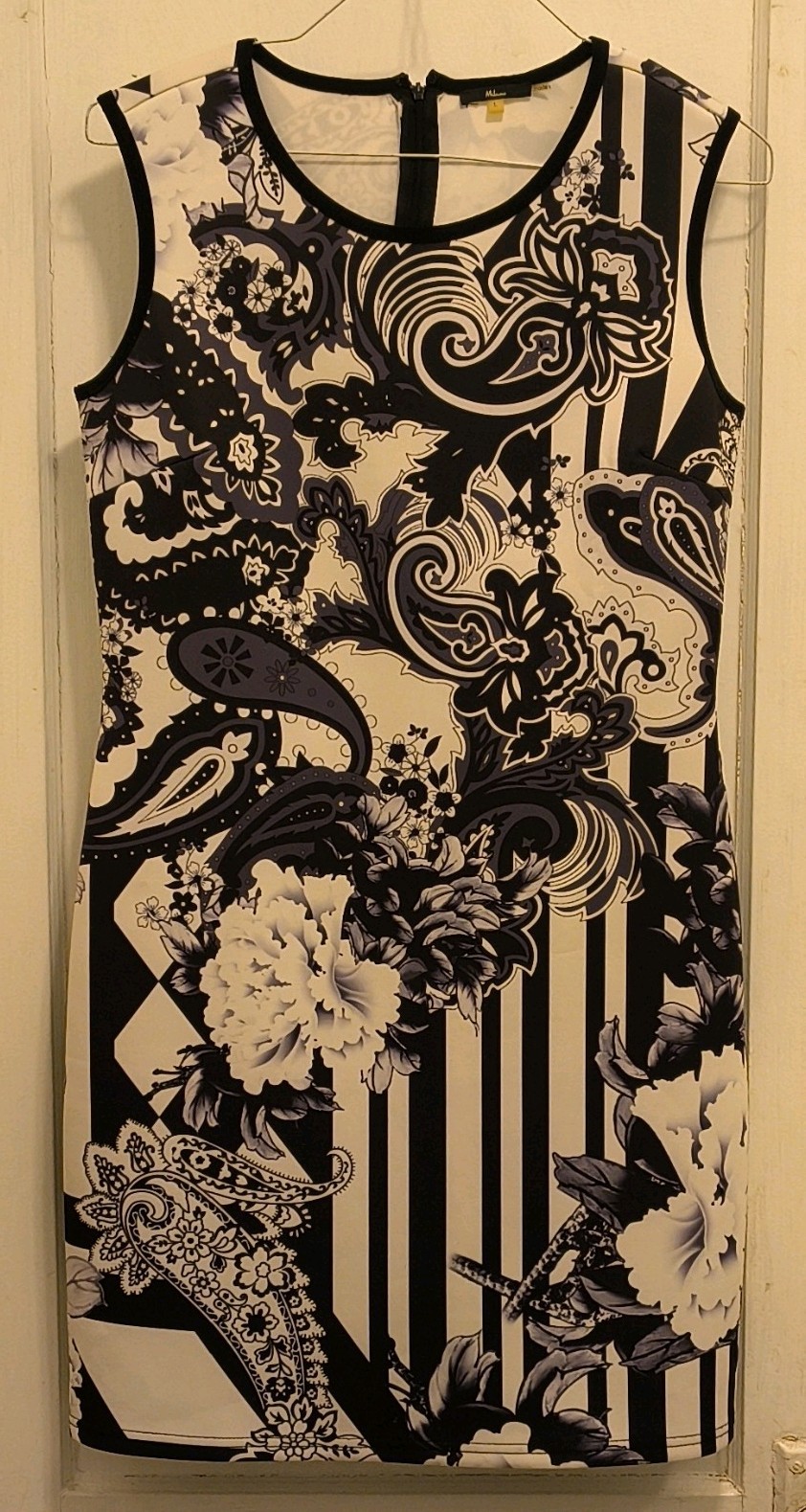 Milano Black White Floral Paisley Striped Sheath Dress Round Neck Sleeveless L