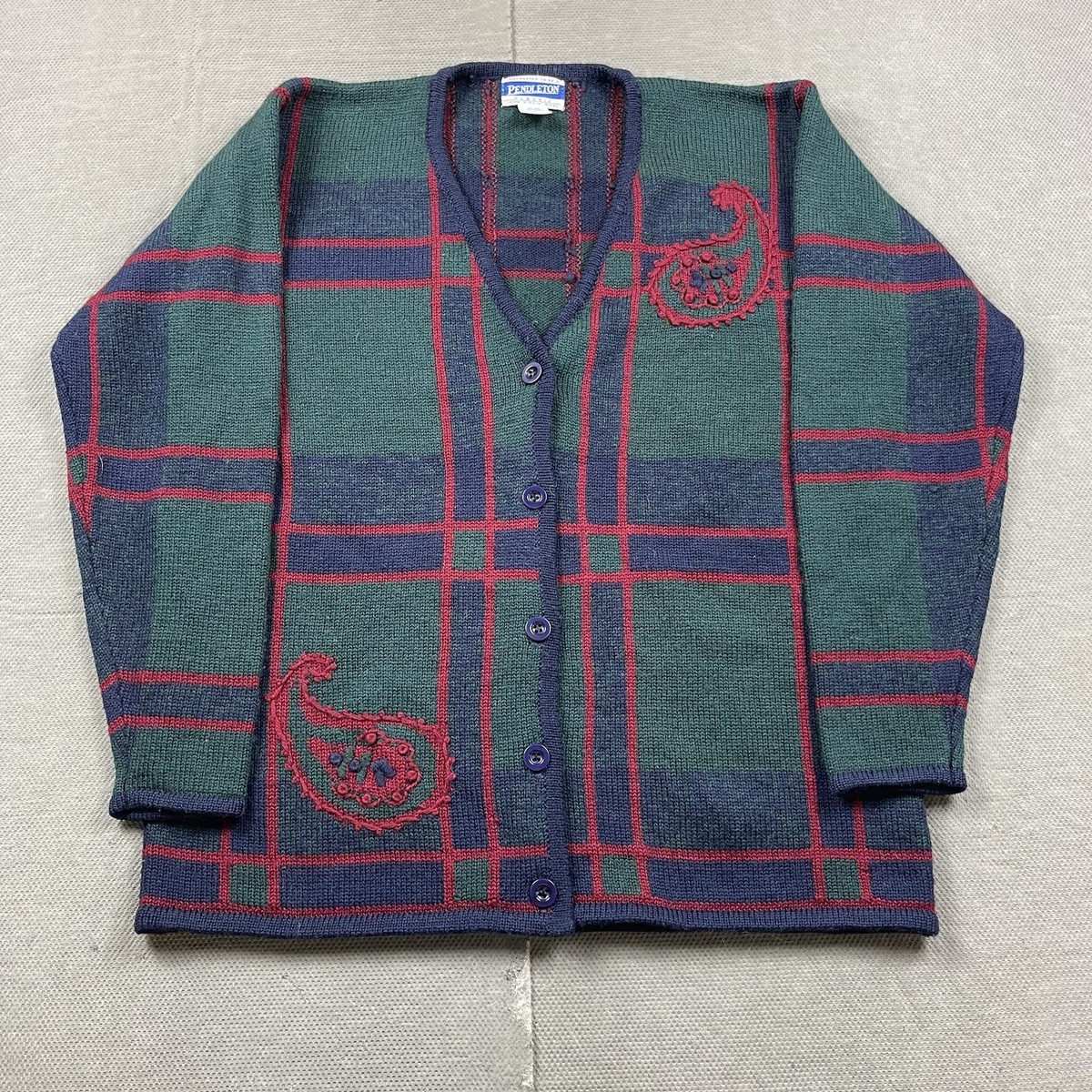 Vintage Pendleton Sweater Womens Large Wool Cardigan Plaid Paisley 