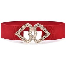Image of Elasticated Belt Wide 40s Stretch Waist Cinch Double Heart Gold Buckle Women UK