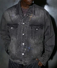 New Men Luxury Diamond Rhinestones Denim Gray Jeans Jacket High Quality